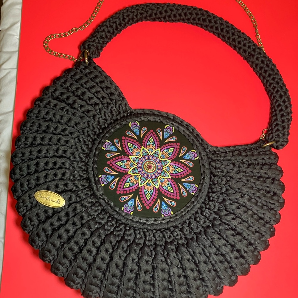 Black Crochet Crescent Shoulder Bag
